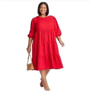 Ava & Viv Red Textured Puff Sleeve Tiered Midi Dress Sz 1X NWOT